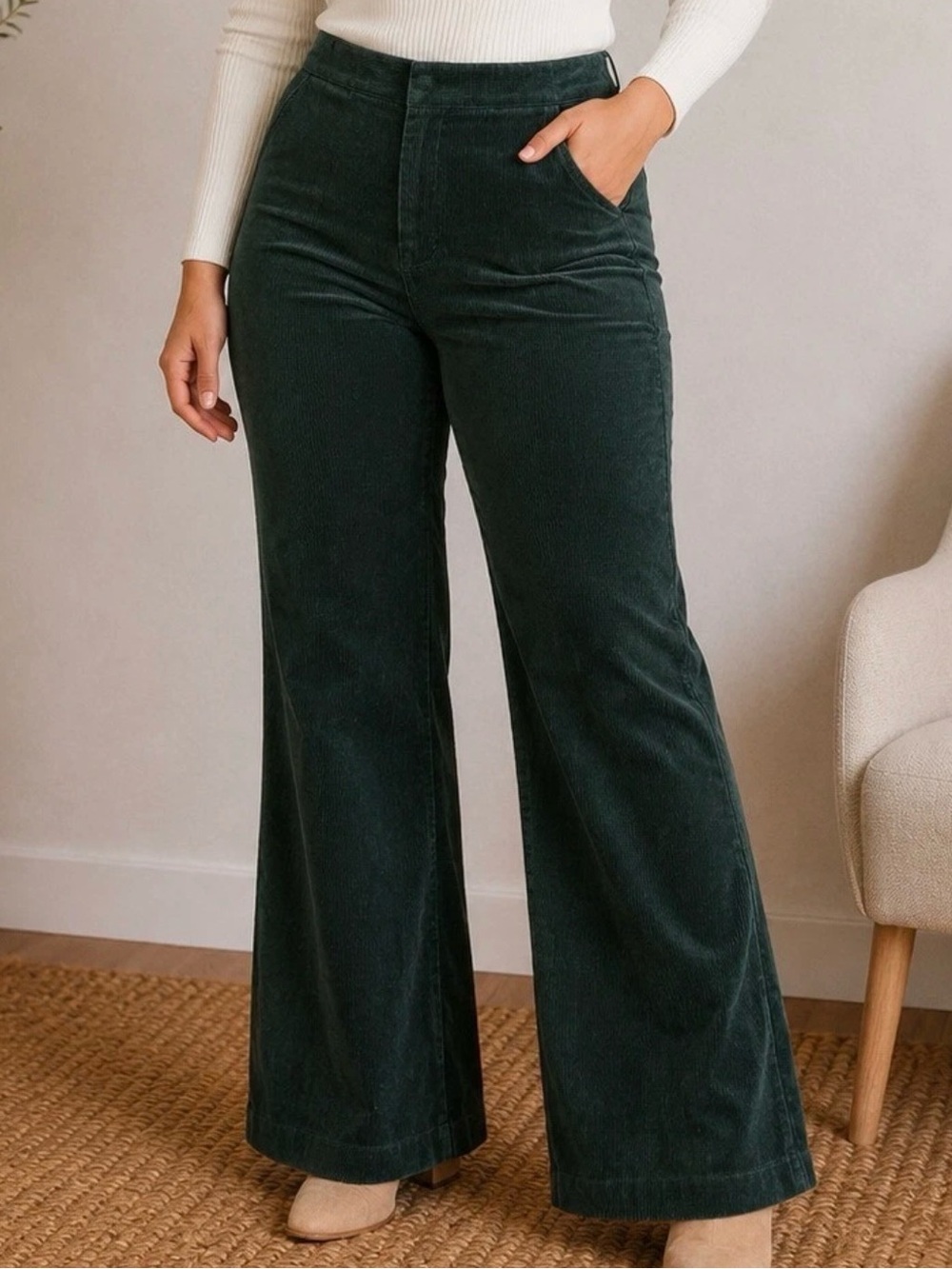 Kate Spade New York Dark Green Corduroy Wide Leg High Rise Pants Size 2